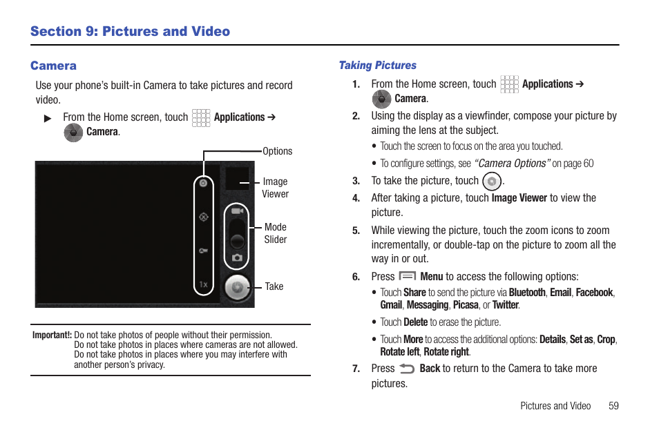 Section 9: pictures and video, Camera, Taking pictures | Samsung SCH-R720ZRACRI User Manual | Page 63 / 136