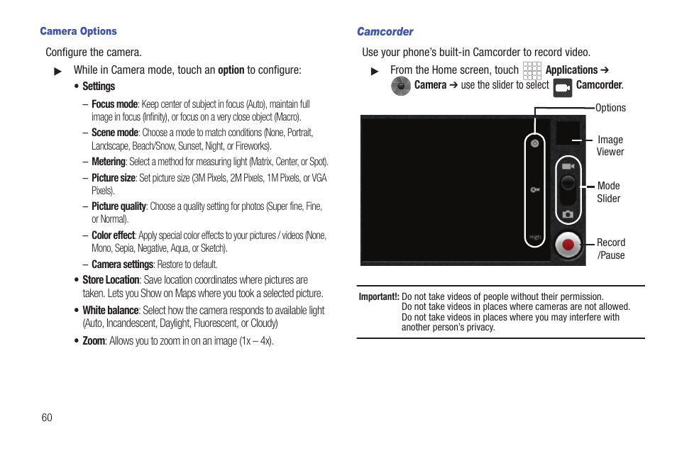 Camera options, Camcorder | Samsung SCH-R720ZRACRI User Manual | Page 64 / 136