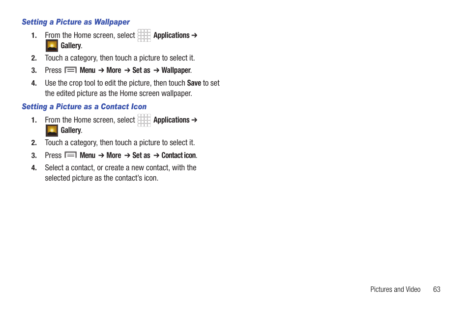 Setting a picture as wallpaper, Setting a picture as a contact icon | Samsung SCH-R720ZRACRI User Manual | Page 67 / 136