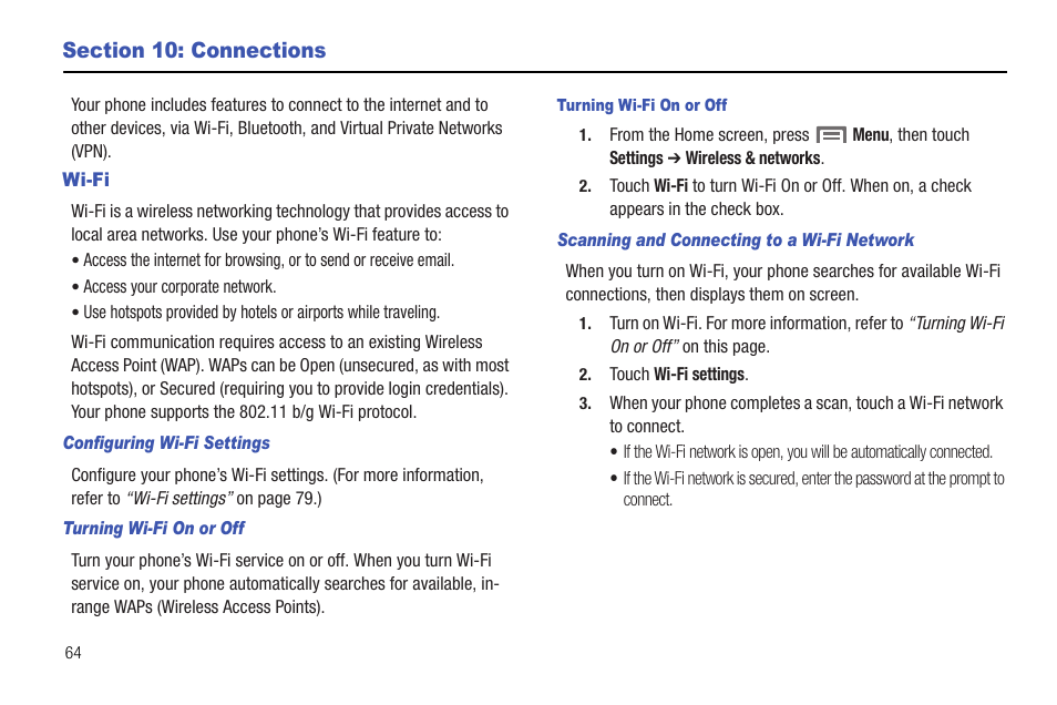 Section 10: connections, Wi-fi, Configuring wi-fi settings | Turning wi-fi on or off, Scanning and connecting to a wi-fi network | Samsung SCH-R720ZRACRI User Manual | Page 68 / 136