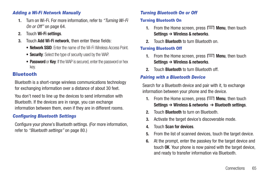 Adding a wi-fi network manually, Bluetooth, Configuring bluetooth settings | Turning bluetooth on or off, Turning bluetooth on, Turning bluetooth off, Pairing with a bluetooth device | Samsung SCH-R720ZRACRI User Manual | Page 69 / 136