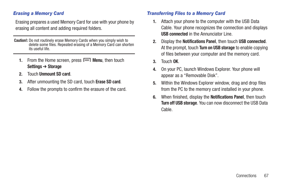 Erasing a memory card, Transferring files to a memory card | Samsung SCH-R720ZRACRI User Manual | Page 71 / 136