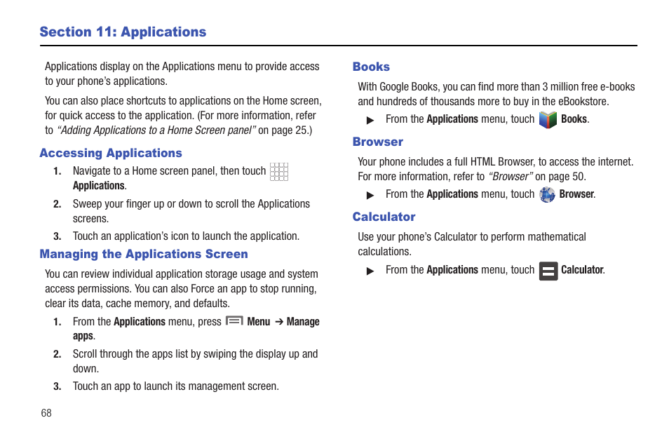 Section 11: applications, Accessing applications, Managing the applications screen | Books, Browser, Calculator | Samsung SCH-R720ZRACRI User Manual | Page 72 / 136