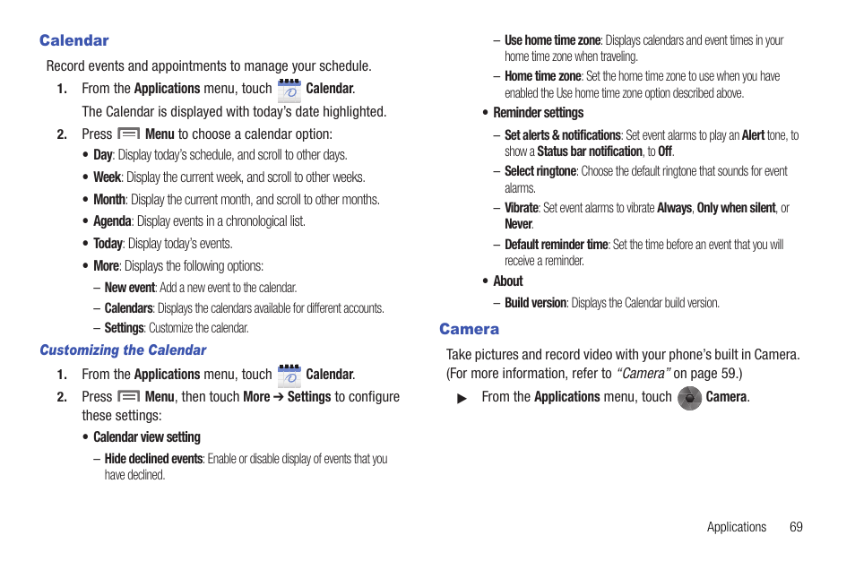 Calendar, Customizing the calendar, Camera | Calendar camera | Samsung SCH-R720ZRACRI User Manual | Page 73 / 136