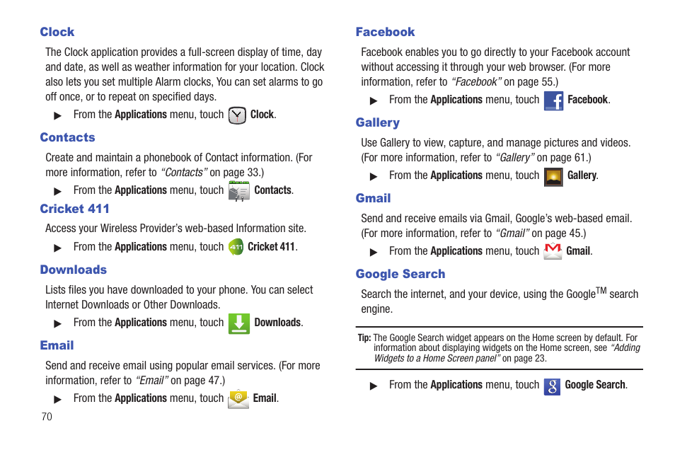 Clock, Contacts, Cricket 411 | Downloads, Email, Facebook, Gallery, Gmail, Google search | Samsung SCH-R720ZRACRI User Manual | Page 74 / 136