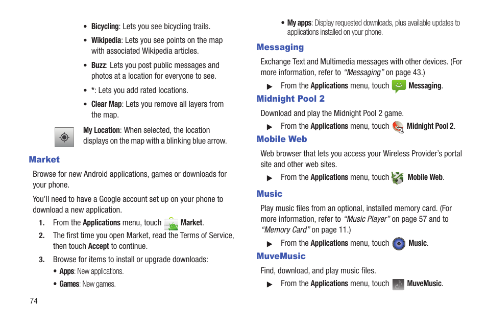 Market, Messaging, Midnight pool 2 | Mobile web, Music, Muvemusic | Samsung SCH-R720ZRACRI User Manual | Page 78 / 136