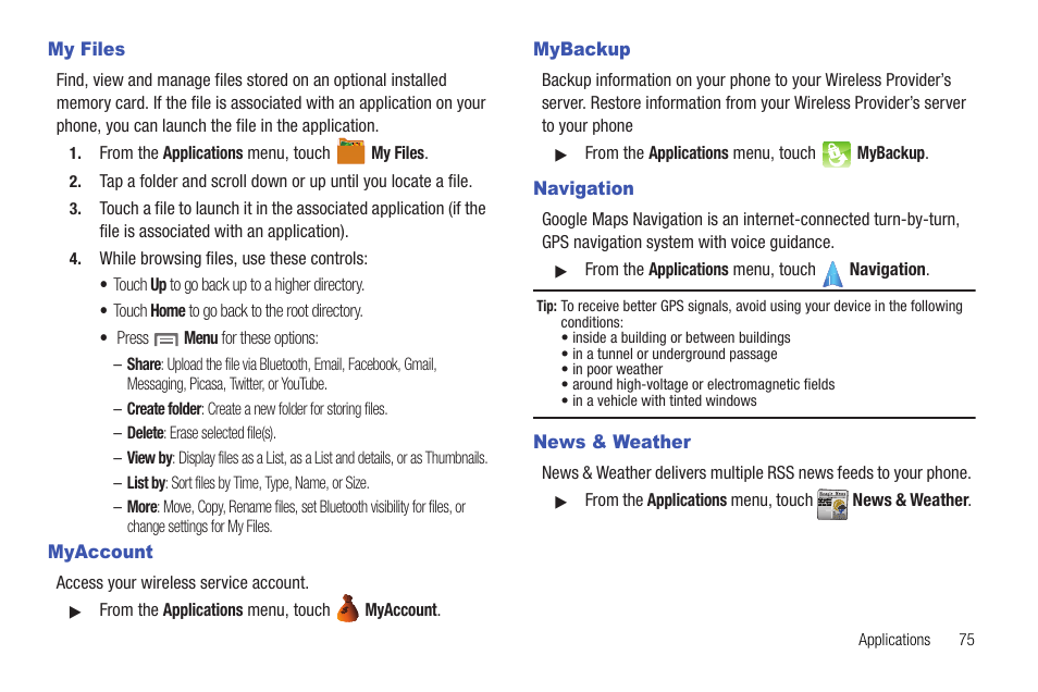 My files, Myaccount, Mybackup | Navigation, News & weather | Samsung SCH-R720ZRACRI User Manual | Page 79 / 136