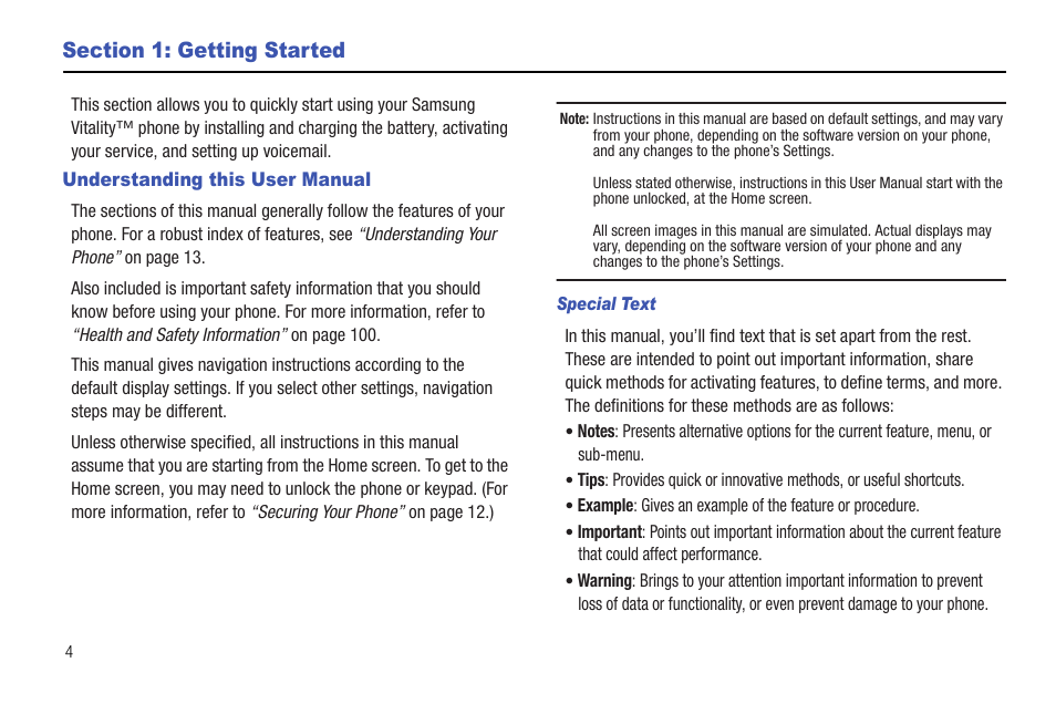 Section 1: getting started, Understanding this user manual, Special text | Samsung SCH-R720ZRACRI User Manual | Page 8 / 136