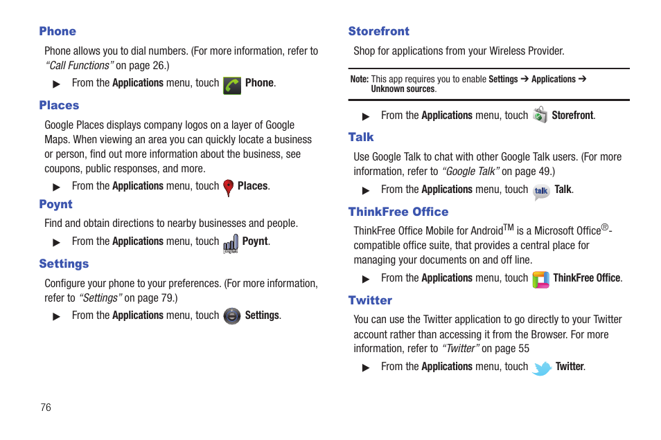 Phone, Places, Poynt | Settings, Storefront, Talk, Thinkfree office, Twitter, Phone places poynt settings storefront, Talk thinkfree office twitter | Samsung SCH-R720ZRACRI User Manual | Page 80 / 136