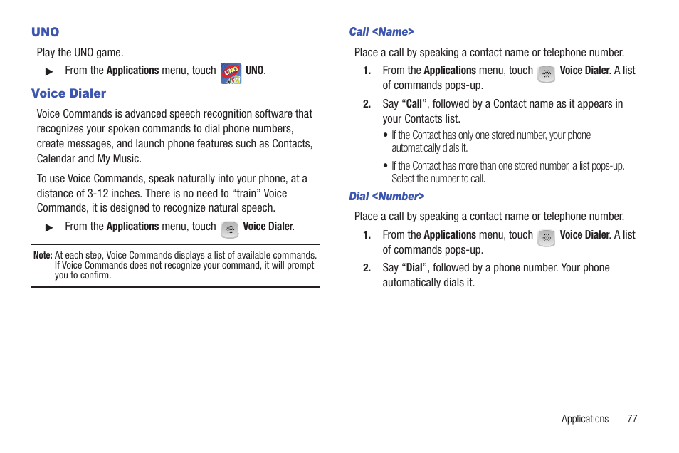 Voice dialer, Call <name, Dial <number | Uno voice dialer | Samsung SCH-R720ZRACRI User Manual | Page 81 / 136