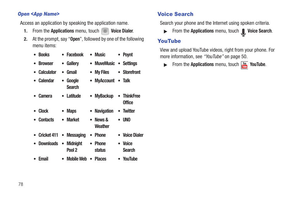 Open <app name, Voice search, Youtube | Voice search youtube | Samsung SCH-R720ZRACRI User Manual | Page 82 / 136