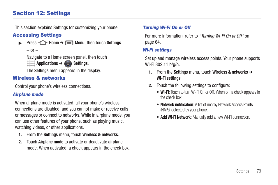 Section 12: settings, Accessing settings, Wireless & networks | Airplane mode, Turning wi-fi on or off, Wi-fi settings, Accessing settings wireless & networks | Samsung SCH-R720ZRACRI User Manual | Page 83 / 136