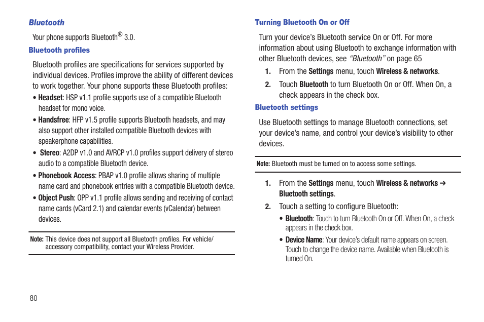 Bluetooth, Bluetooth profiles, Turning bluetooth on or off | Bluetooth settings | Samsung SCH-R720ZRACRI User Manual | Page 84 / 136