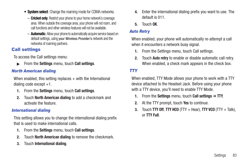 Call settings, North american dialing, International dialing | Auto retry | Samsung SCH-R720ZRACRI User Manual | Page 87 / 136