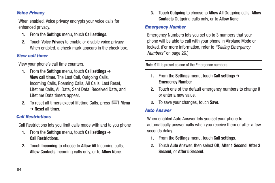 Voice privacy, View call timer, Call restrictions | Emergency number, Auto answer | Samsung SCH-R720ZRACRI User Manual | Page 88 / 136