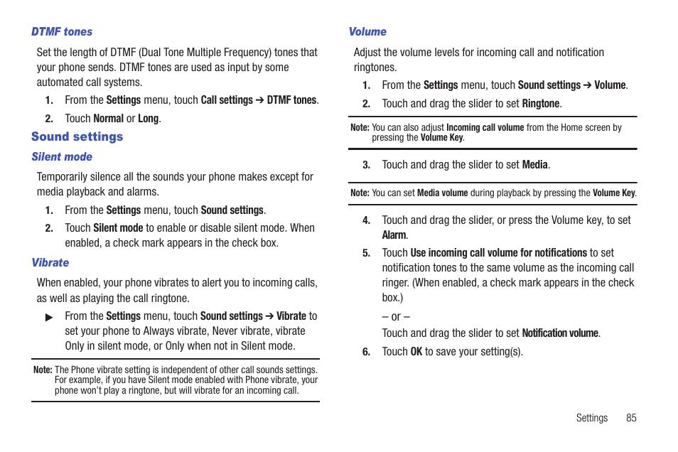 Dtmf tones, Sound settings, Silent mode | Vibrate, Volume | Samsung SCH-R720ZRACRI User Manual | Page 89 / 136