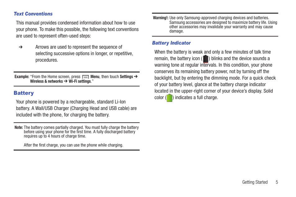 Text conventions, Battery, Battery indicator | Samsung SCH-R720ZRACRI User Manual | Page 9 / 136