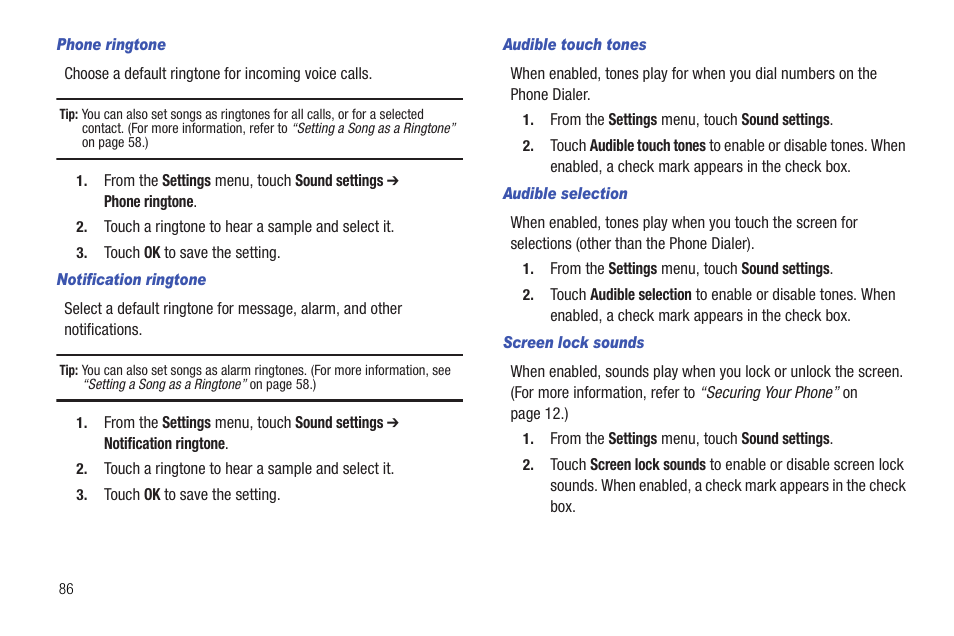 Phone ringtone, Notification ringtone, Audible touch tones | Audible selection, Screen lock sounds | Samsung SCH-R720ZRACRI User Manual | Page 90 / 136