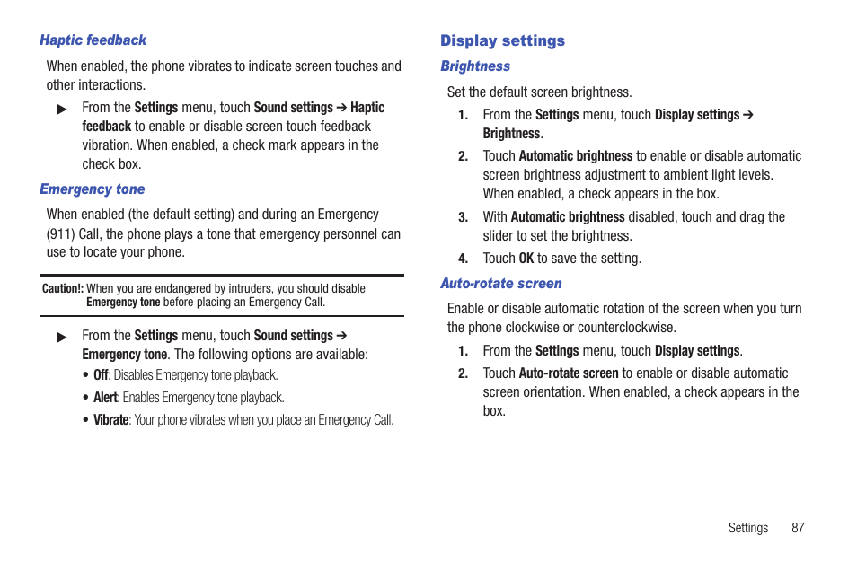 Haptic feedback, Emergency tone, Display settings | Brightness, Auto-rotate screen | Samsung SCH-R720ZRACRI User Manual | Page 91 / 136