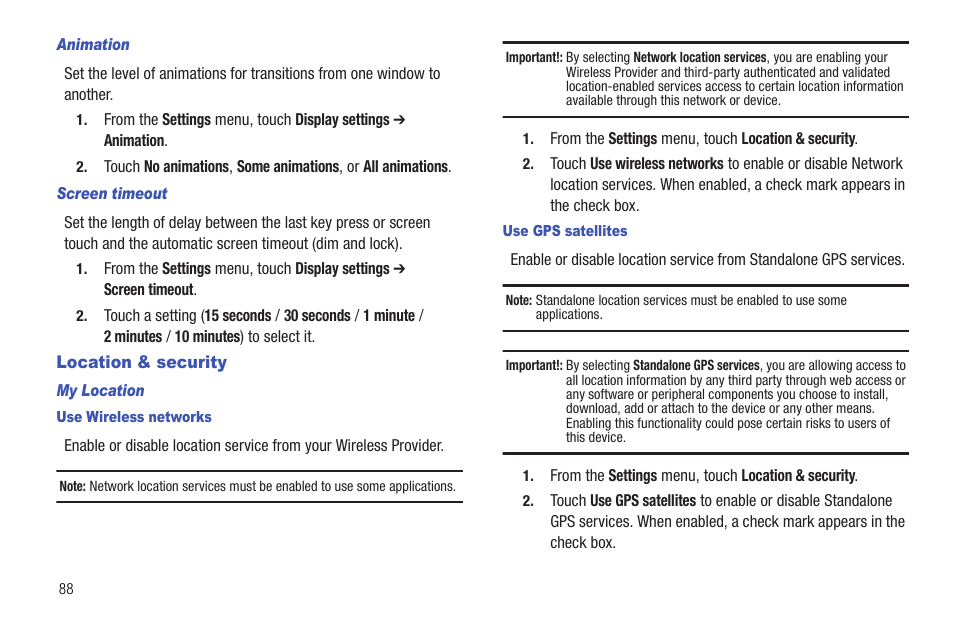 Animation, Screen timeout, Location & security | My location, Use wireless networks, Use gps satellites | Samsung SCH-R720ZRACRI User Manual | Page 92 / 136