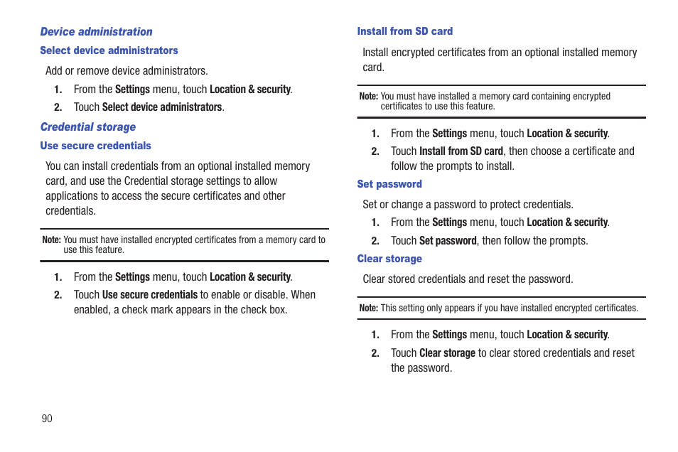 Device administration, Select device administrators, Credential storage | Use secure credentials, Install from sd card, Set password, Clear storage | Samsung SCH-R720ZRACRI User Manual | Page 94 / 136