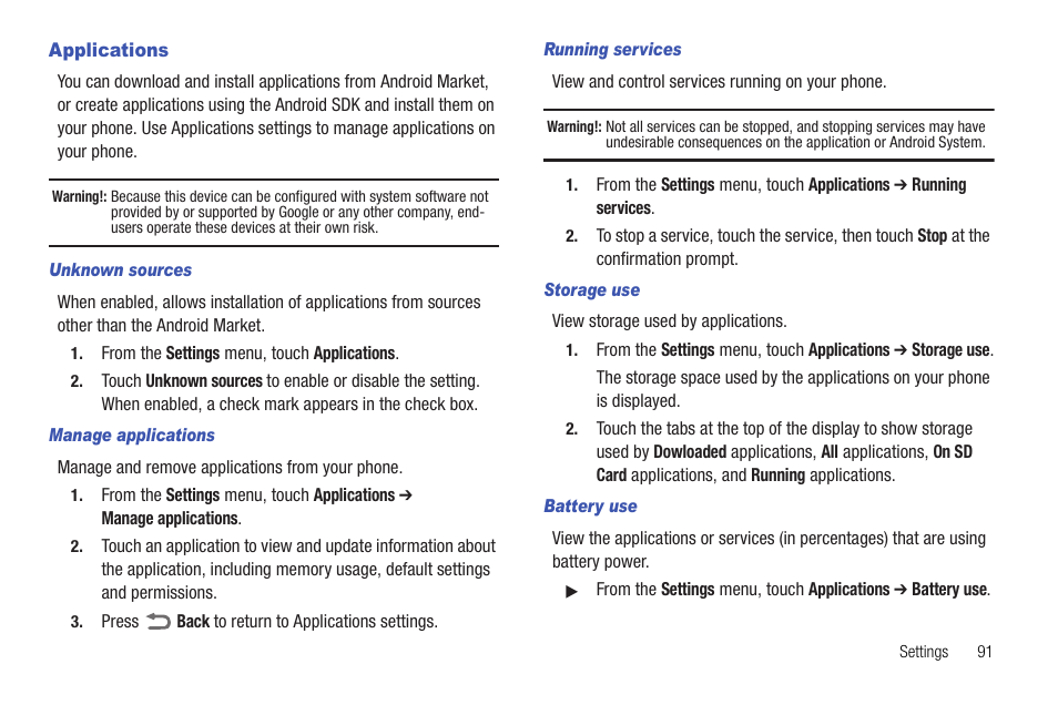 Applications, Unknown sources, Manage applications | Running services, Storage use, Battery use | Samsung SCH-R720ZRACRI User Manual | Page 95 / 136