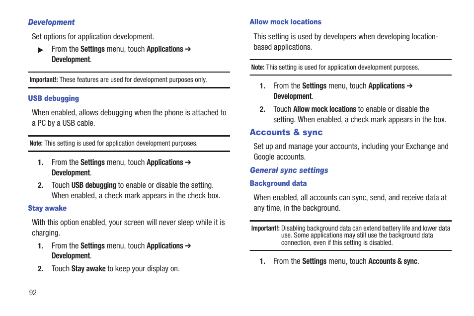 Development, Usb debugging, Stay awake | Allow mock locations, Accounts & sync, General sync settings, Background data | Samsung SCH-R720ZRACRI User Manual | Page 96 / 136