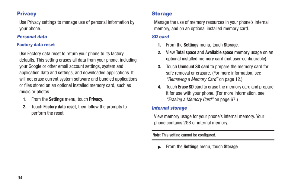 Privacy, Personal data, Factory data reset | Storage, Sd card, Internal storage, Privacy storage | Samsung SCH-R720ZRACRI User Manual | Page 98 / 136