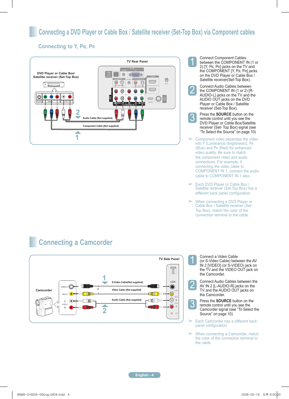 Connecting a camcorder, Connecting to y, p | Samsung PN50A460S4DXZA User Manual | Page 4 / 12