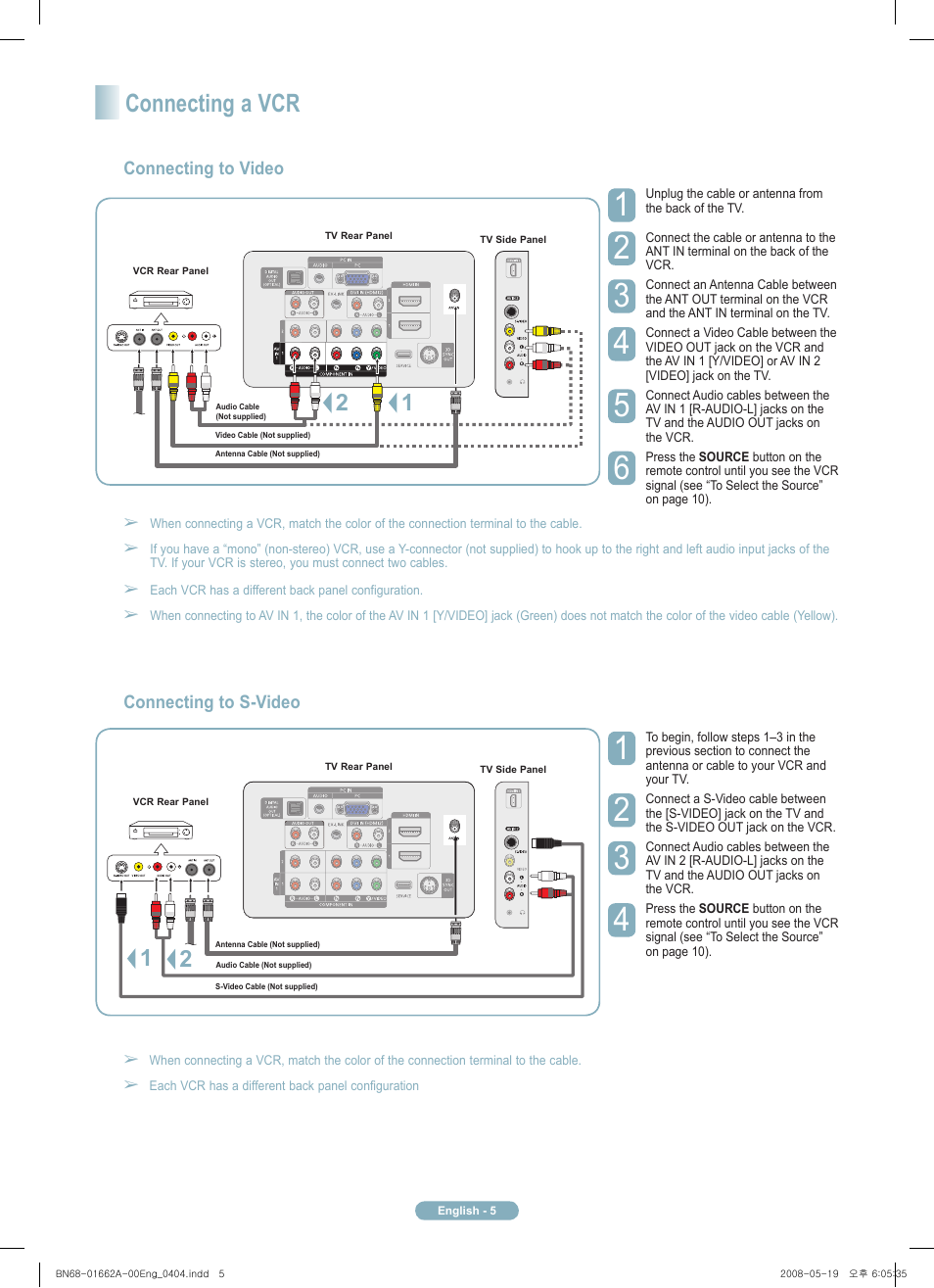 Connecting a vcr | Samsung PN50A460S4DXZA User Manual | Page 5 / 12