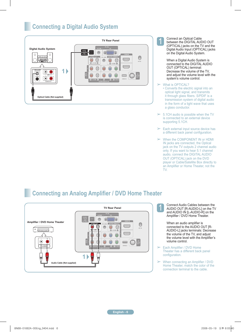 Connecting a digital audio system, Connecting an analog amplifier / dvd home theater | Samsung PN50A460S4DXZA User Manual | Page 6 / 12