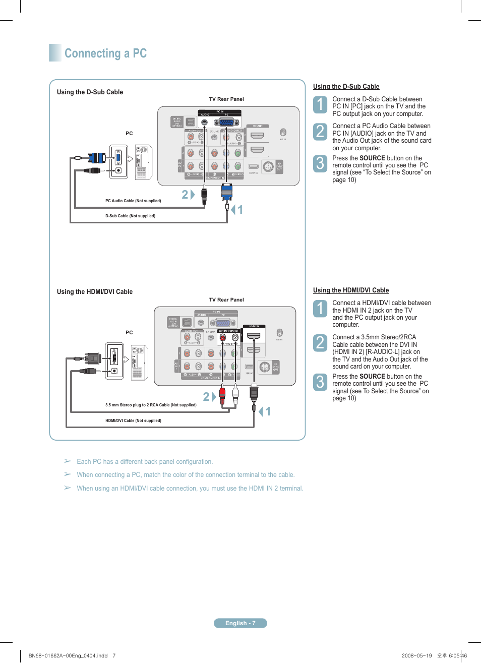 Connecting a pc | Samsung PN50A460S4DXZA User Manual | Page 7 / 12