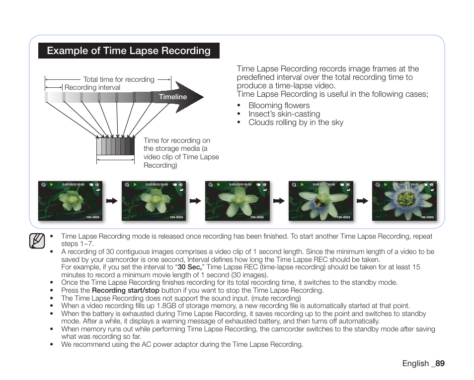 Example of time lapse recording, English _ 89, Blooming flowers | Insect’s skin-casting, Clouds rolling by in the sky | Samsung SC-DX205-XAA User Manual | Page 103 / 147