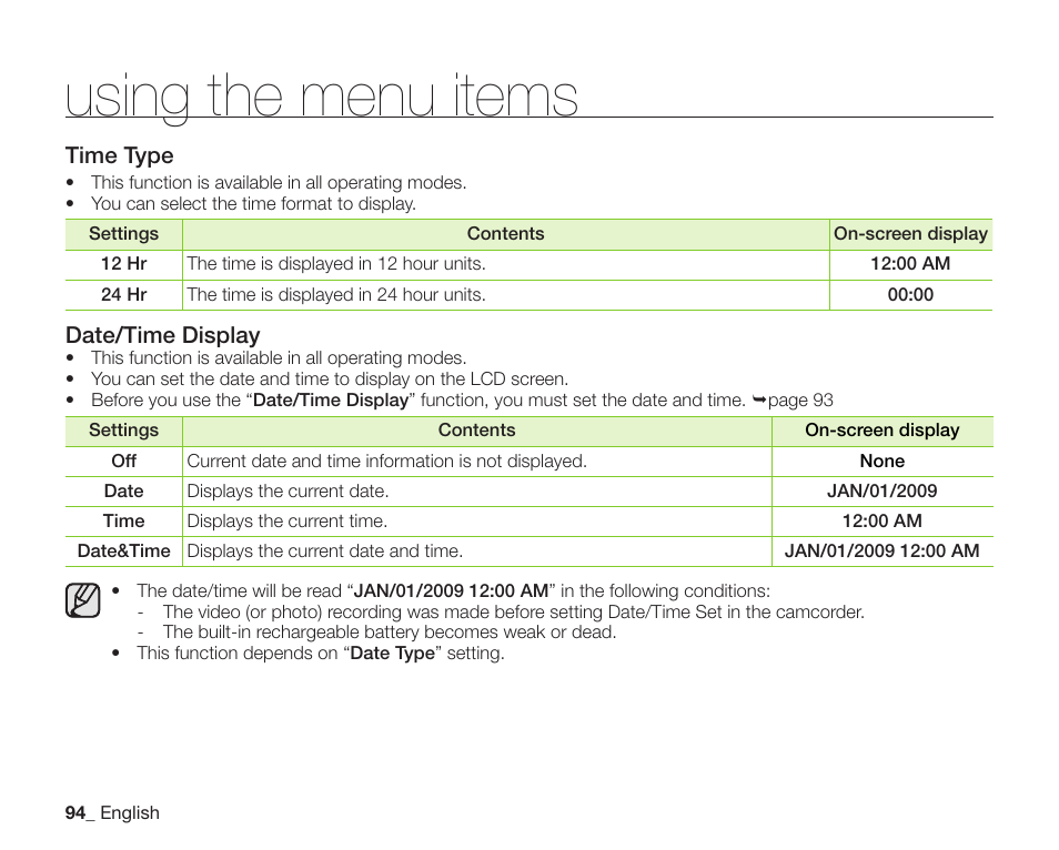 Using the menu items | Samsung SC-DX205-XAA User Manual | Page 108 / 147