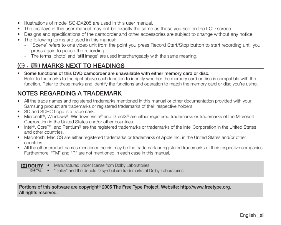 Marks next to headings, Notes regarding a trademark | Samsung SC-DX205-XAA User Manual | Page 11 / 147