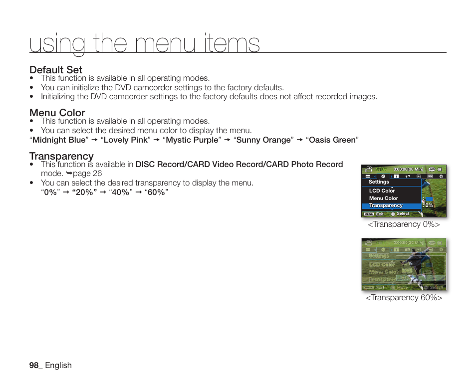 Using the menu items, Default set, Menu color | Transparency | Samsung SC-DX205-XAA User Manual | Page 112 / 147