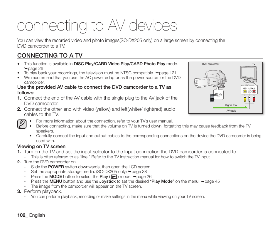 Connecting to av devices, Connecting to a tv | Samsung SC-DX205-XAA User Manual | Page 116 / 147