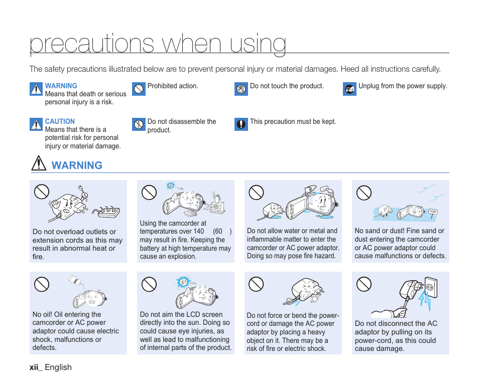 Precautions when using, Warning | Samsung SC-DX205-XAA User Manual | Page 12 / 147