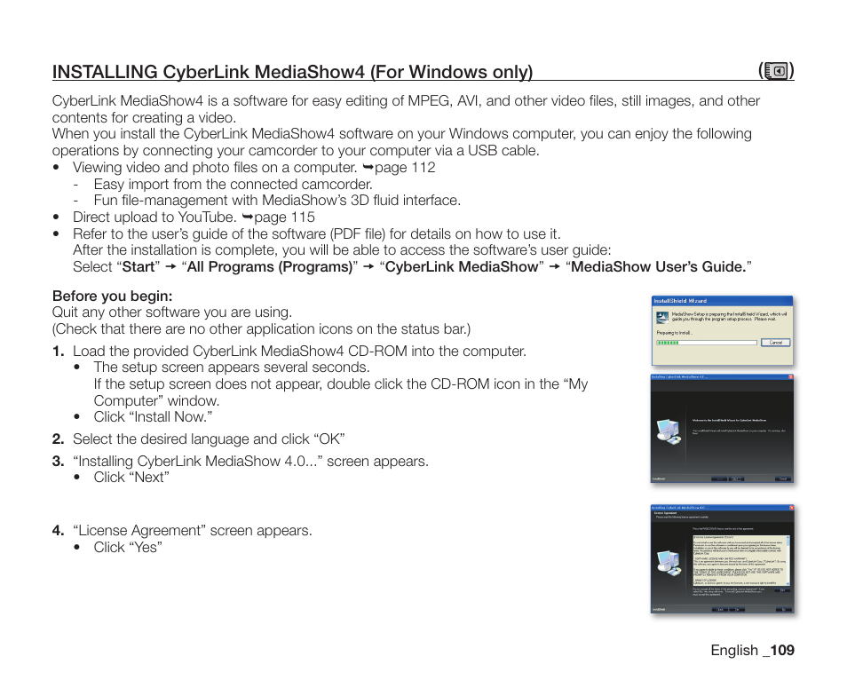 Installing cyberlink mediashow4 (for windows only) | Samsung SC-DX205-XAA User Manual | Page 123 / 147