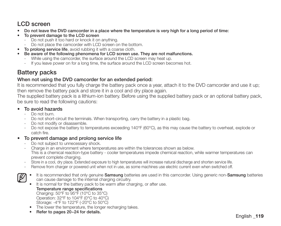 Lcd screen, Battery packs | Samsung SC-DX205-XAA User Manual | Page 133 / 147