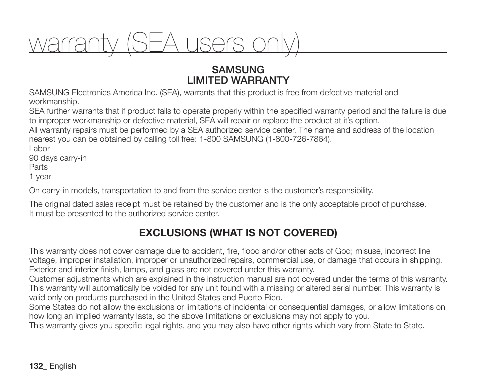 Warranty (sea users only) | Samsung SC-DX205-XAA User Manual | Page 146 / 147