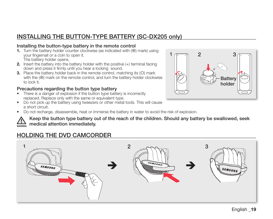 Installing the button-type battery (sc-dx205 only), Holding the dvd camcorder | Samsung SC-DX205-XAA User Manual | Page 33 / 147