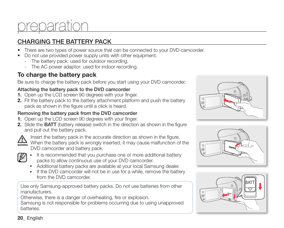 Charging the battery pack, Preparation | Samsung SC-DX205-XAA User Manual | Page 34 / 147