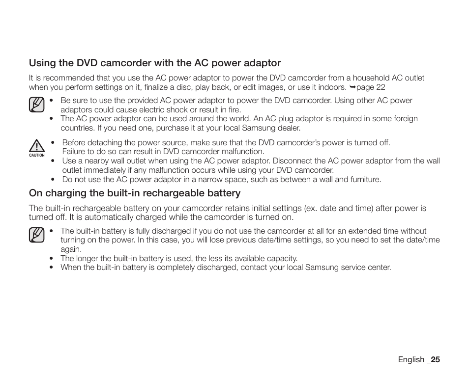 Using the dvd camcorder with the ac power adaptor, On charging the built-in rechargeable battery | Samsung SC-DX205-XAA User Manual | Page 39 / 147