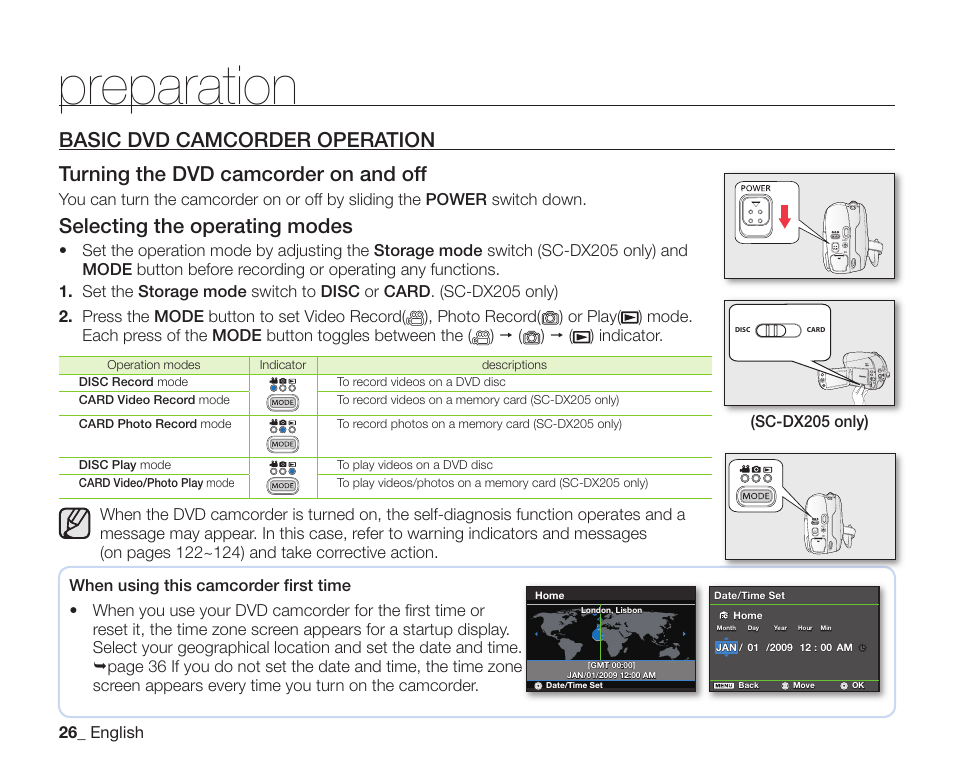 Basic dvd camcorder operation, Preparation, Selecting the operating modes | Samsung SC-DX205-XAA User Manual | Page 40 / 147