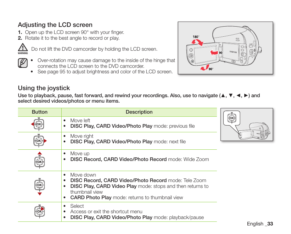 Using the joystick, Adjusting the lcd screen | Samsung SC-DX205-XAA User Manual | Page 47 / 147