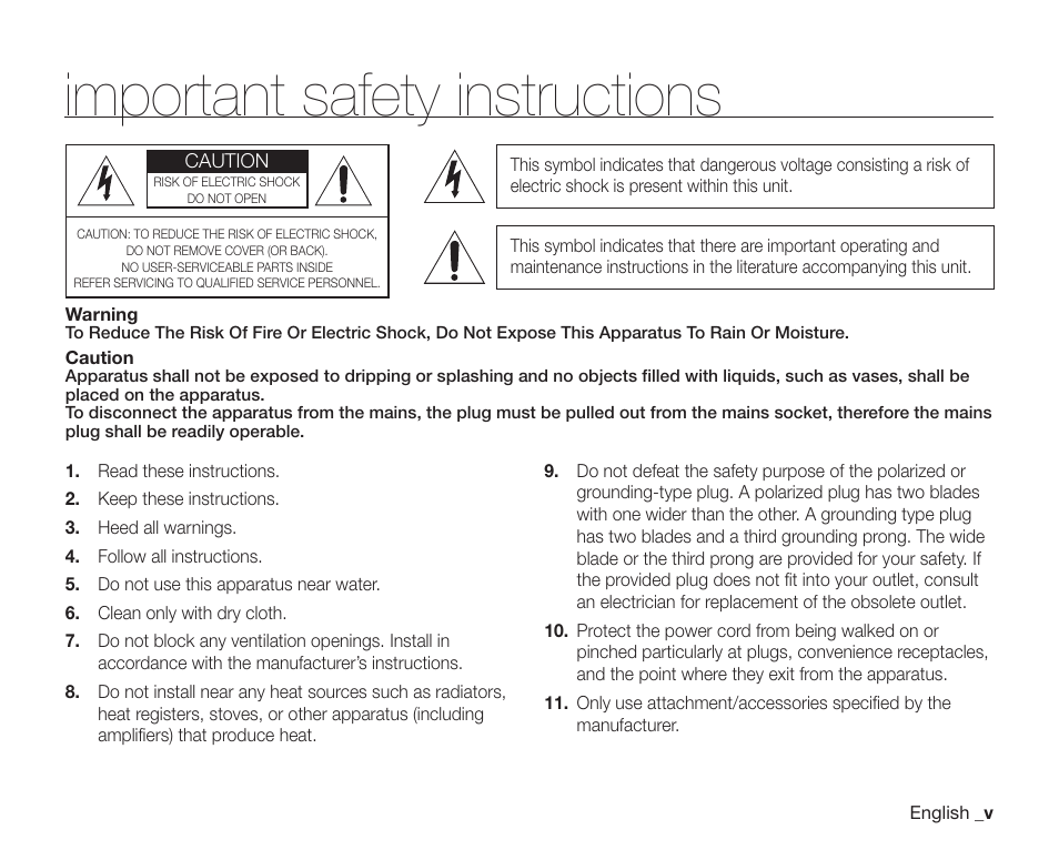 Important safety instructions | Samsung SC-DX205-XAA User Manual | Page 5 / 147