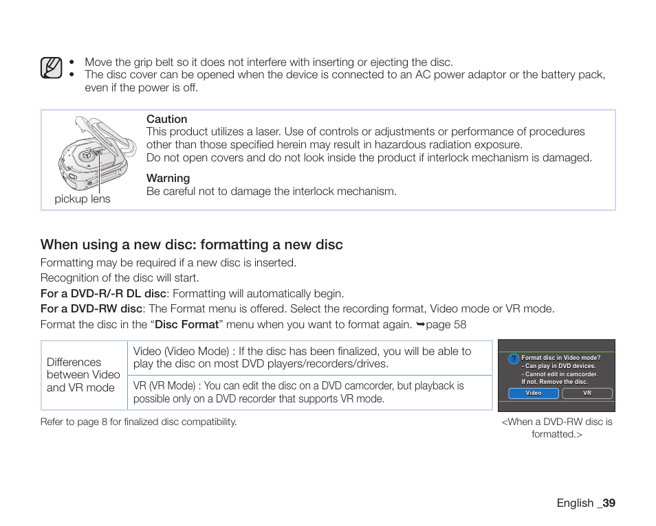 When using a new disc: formatting a new disc | Samsung SC-DX205-XAA User Manual | Page 53 / 147