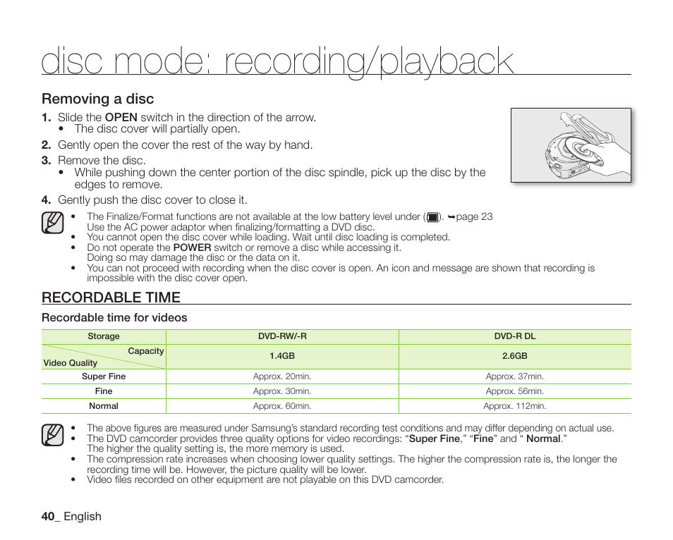 Recordable time, Disc mode: recording/playback, Removing a disc | Samsung SC-DX205-XAA User Manual | Page 54 / 147