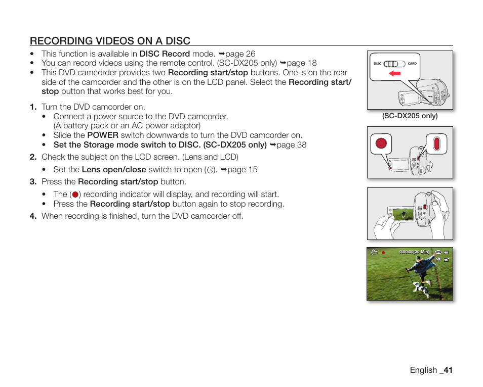 Recording videos on a disc | Samsung SC-DX205-XAA User Manual | Page 55 / 147